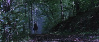 Movie still from “The Affair of the Necklace” (2001), directed by Charles Shyer – A person riding a horse through a forest; Extreme Wide shot, Low angle
