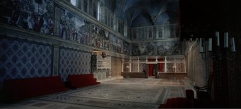 Movie still from “The Agony and the Ecstasy” (1965), directed by Carol Reed – A large room with a lot of paintings on the walls; Extreme Wide shot, High angle