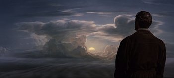 A painting of the sun setting in the clouds