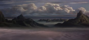 A painting of a cloudy sky over mountains