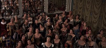 Movie still from “The Agony and the Ecstasy” (1965), directed by Carol Reed – A group of people dressed in renaissance costumes; Wide shot, High angle