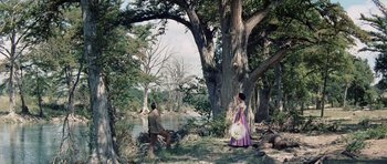 Movie still from “The Alamo” (1960), directed by John Wayne – A man and a woman standing next to a tree; Extreme Wide shot, Low angle