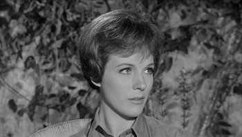 Movie still from “The Americanization of Emily” (1964), directed by Arthur Hiller – A black - and - white photo of a woman with short hair; Close Up shot, High angle