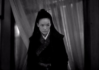 Movie still from “The Assassin” (2015), directed by Hsiao-Hsien Hou – A woman in a black and white photo wearing an oriental costume; Medium shot, Low angle