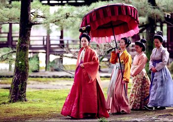 Movie still from “The Assassin” (2015), directed by Hsiao-Hsien Hou – A group of young women in traditional japanese clothing; Wide shot, Low angle