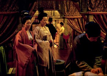 Movie still from “The Assassin” (2015), directed by Hsiao-Hsien Hou – A couple of women dressed in traditional japanese clothing; Wide shot, High angle
