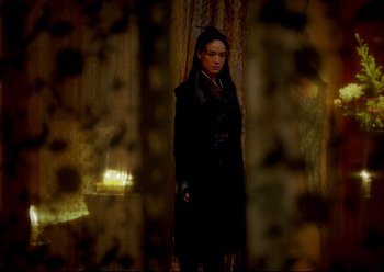 Movie still from “The Assassin” (2015), directed by Hsiao-Hsien Hou – A man in a black coat standing in front of a curtain; Medium shot, Over the shoulder angle
