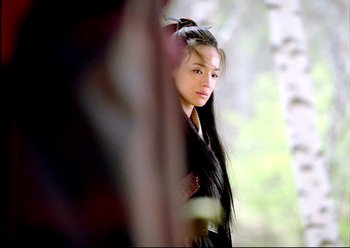 Movie still from “The Assassin” (2015), directed by Hsiao-Hsien Hou – A woman with long black hair is looking at the camera; Medium shot, Over the shoulder angle