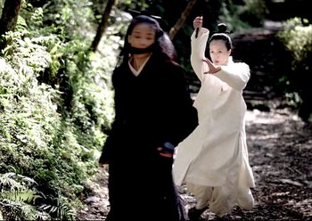 Movie still from “The Assassin” (2015), directed by Hsiao-Hsien Hou – Two women dressed in black and white walking on a path; Medium shot, Low angle