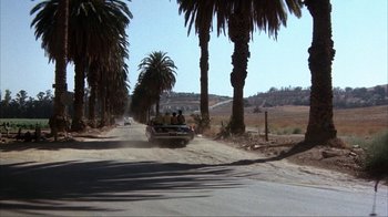 Movie still from “The Bad News Bears” (1976), directed by Michael Ritchie – A car driving down a dirt road next to palm trees; Extreme Wide shot, High angle