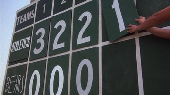 Movie still from “The Bad News Bears” (1976), directed by Michael Ritchie – A hand is holding the numbers on a wall; Extreme Close Up shot, Low angle