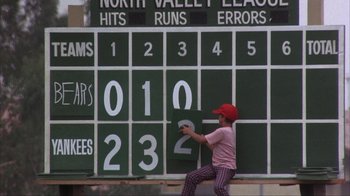 Movie still from “The Bad News Bears” (1976), directed by Michael Ritchie – A woman in a red hat is holding a baseball bat; Medium shot, Low angle