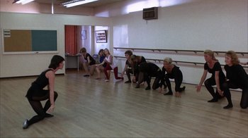 Movie still from “The Bad News Bears” (1976), directed by Michael Ritchie – A group of women in a dance studio; Wide shot, High angle