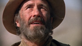 Movie still from “The Ballad of Cable Hogue” (1970), directed by Sam Peckinpah – An older man with a beard and a hat; Close Up shot, Low angle