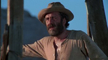 Movie still from “The Ballad of Cable Hogue” (1970), directed by Sam Peckinpah – A man with a beard and a hat on; Close Up shot, Low angle