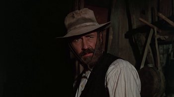 Movie still from “The Ballad of Cable Hogue” (1970), directed by Sam Peckinpah – A man with a beard wearing a hat and a vest; Close Up shot, Low angle