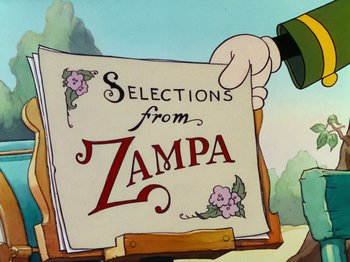 Movie still from “The Band Concert” (1935), directed by Wilfred Jackson – A sign that reads " selections from zampa "; Wide shot, High angle