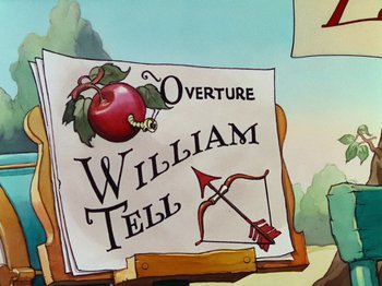 Movie still from “The Band Concert” (1935), directed by Wilfred Jackson – A painting of an apple and a bow and arrow; Wide shot, Low angle