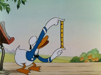 Movie still from “The Band Concert” (1935), directed by Wilfred Jackson – A painting of a duck holding a measuring tape; Extreme Close Up shot, Low angle