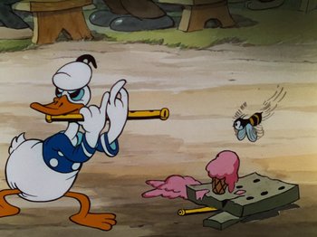 Movie still from “The Band Concert” (1935), directed by Wilfred Jackson – A painting of donald duck playing baseball with other cartoon characters; Medium shot, High angle