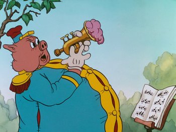 Movie still from “The Band Concert” (1935), directed by Wilfred Jackson – A painting of a pig playing a trumpet in front of an open book; Medium shot, Low angle