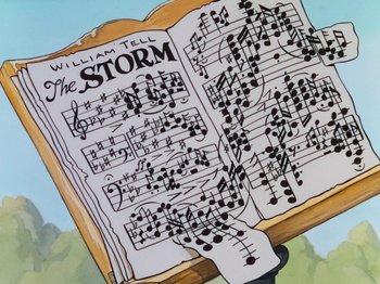 Movie still from “The Band Concert” (1935), directed by Wilfred Jackson – An open book with musical notes written on it; Extreme Close Up shot, Low angle