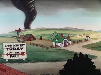 Movie still from “The Band Concert” (1935), directed by Wilfred Jackson – An animated scene of a tornado coming from the sky; Extreme Wide shot, High angle