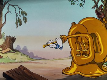 Movie still from “The Band Concert” (1935), directed by Wilfred Jackson – A painting of a man holding an object in his mouth; Wide shot, Low angle