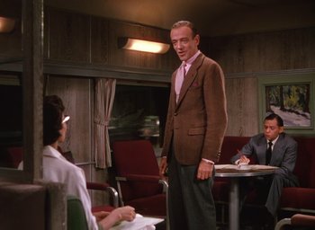 Movie still from “The Band Wagon” (1953), directed by Vincente Minnelli – A man standing in front of two other people; Medium shot, Over the shoulder angle