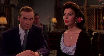 Movie still from “The Barefoot Contessa” (1954), directed by Joseph L. Mankiewicz – A man and a woman sitting at a dinner table; Medium shot, Over the shoulder angle