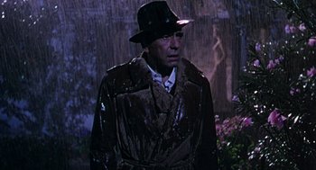 Movie still from “The Barefoot Contessa” (1954), directed by Joseph L. Mankiewicz – A man wearing a hat and a trench coat in the rain; Medium shot, Low angle