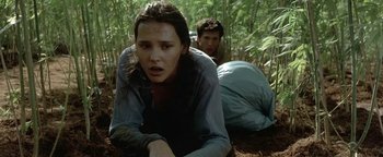 Movie still from “The Beach” (2000), directed by Danny Boyle – A woman and a man laying on the ground in the woods; Medium shot, Low angle