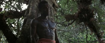 Movie still from “The Beach” (2000), directed by Danny Boyle – A man standing next to a tree with no shirt on; Medium shot, Low angle