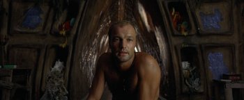 Movie still from “The Beach” (2000), directed by Danny Boyle – A man with a beard is posing for a picture; Close Up shot, Low angle