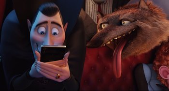 Movie still from “Hotel Transylvania 2” (2015), directed by Genndy Tartakovsky – Medium shot, Over the shoulder angle