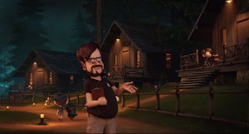 Movie still from “Hotel Transylvania 2” (2015), directed by Genndy Tartakovsky – Wide shot, Over the shoulder angle