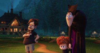 Movie still from “Hotel Transylvania 2” (2015), directed by Genndy Tartakovsky – Medium shot, Over the shoulder angle