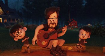 Movie still from “Hotel Transylvania 2” (2015), directed by Genndy Tartakovsky – Wide shot, Over the shoulder angle