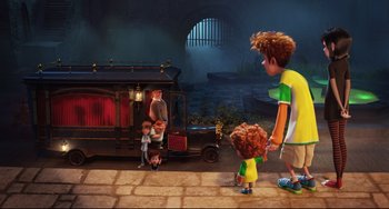 Movie still from “Hotel Transylvania 2” (2015), directed by Genndy Tartakovsky – Wide shot, High angle