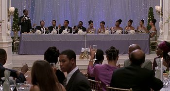 Movie still from “The Best Man” (1999), directed by Malcolm D. Lee – A group of people sitting at a table with drinks; Wide shot, High angle