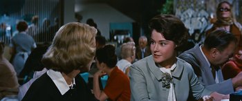 Movie still from “The Best of Everything” (1959), directed by Jean Negulesco – Two women are talking to each other in a restaurant; Close Up shot, Over the shoulder angle