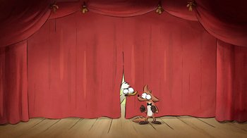 Movie still from “The Big Bad Fox and Other Tales” (2017), directed by Patrick Imbert – A cartoon of a cat looking at a bird in a theater; Wide shot, Low angle