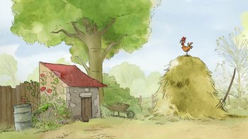Movie still from “The Big Bad Fox and Other Tales” (2017), directed by Patrick Imbert – An illustration of a farm with a chicken on top of a hay stack; Extreme Wide shot, Low angle