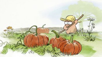 Movie still from “The Big Bad Fox and Other Tales” (2017), directed by Patrick Imbert – A pig that is in a field of pumpkins; Wide shot, High angle