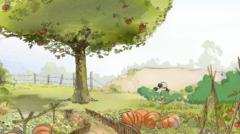 Movie still from “The Big Bad Fox and Other Tales” (2017), directed by Patrick Imbert – An artistic drawing of a pumpkin patch and a tree; Extreme Wide shot, High angle