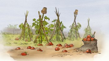 Movie still from “The Big Bad Fox and Other Tales” (2017), directed by Patrick Imbert – An illustration of an area with a lot of plants and trees; Wide shot, Low angle