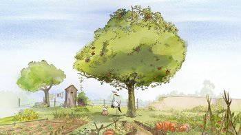 Movie still from “The Big Bad Fox and Other Tales” (2017), directed by Patrick Imbert – An illustration of a bird standing next to a tree; Extreme Wide shot, High angle