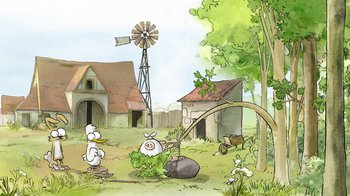 Movie still from “The Big Bad Fox and Other Tales” (2017), directed by Patrick Imbert – An illustration of a farm scene with a windmill and a barn; Extreme Wide shot, Low angle