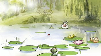 Movie still from “The Big Bad Fox and Other Tales” (2017), directed by Patrick Imbert – An artistic drawing of a pond with water lilies and a ladybug; Extreme Wide shot, High angle