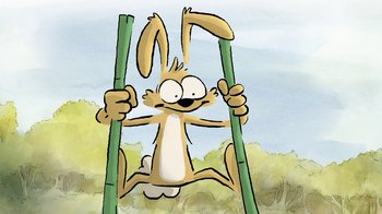 Movie still from “The Big Bad Fox and Other Tales” (2017), directed by Patrick Imbert – A cartoon of a rabbit swinging on a pole; Medium shot, Low angle
